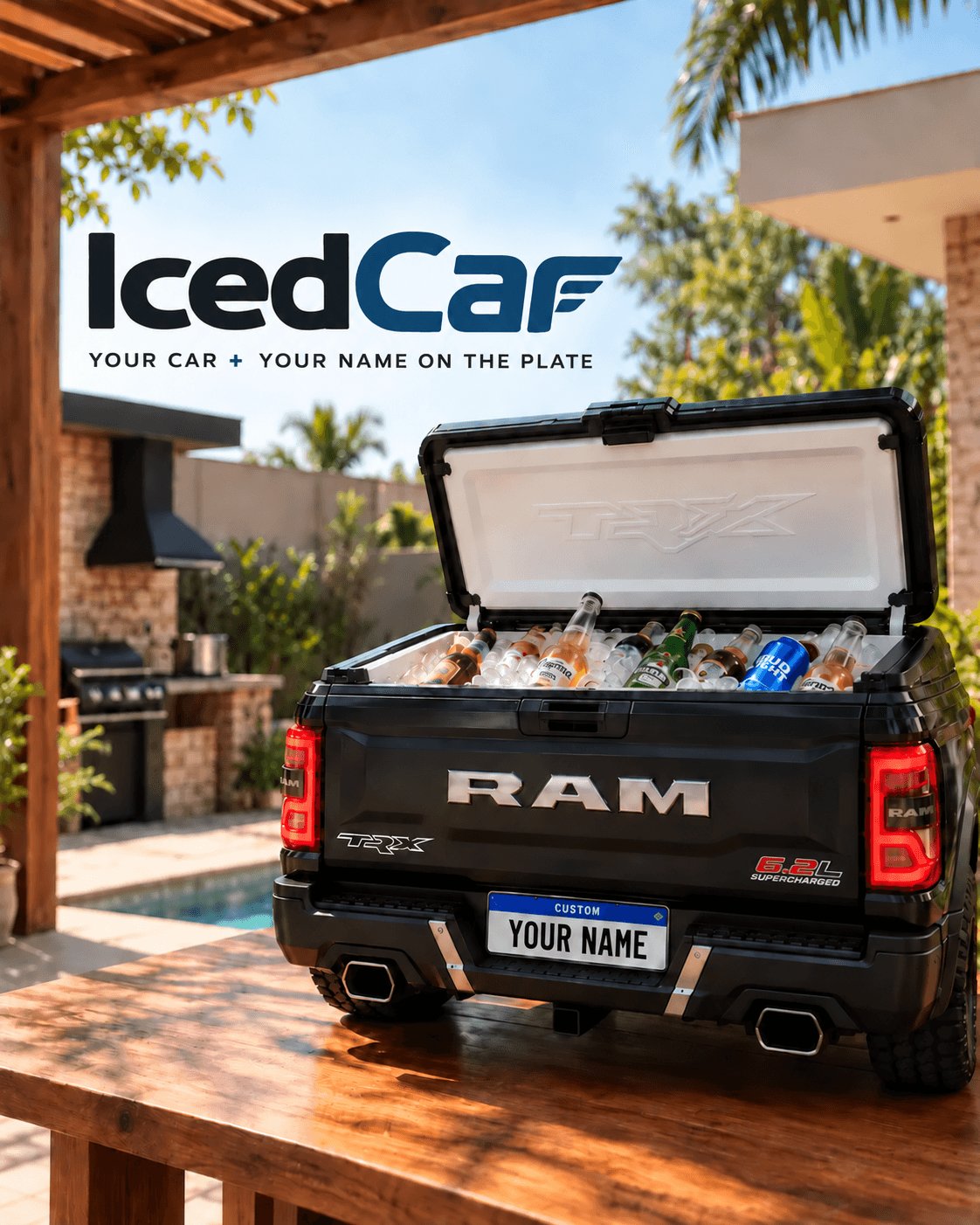 A personalized IceCar cooler styled like the rear of a black pickup truck