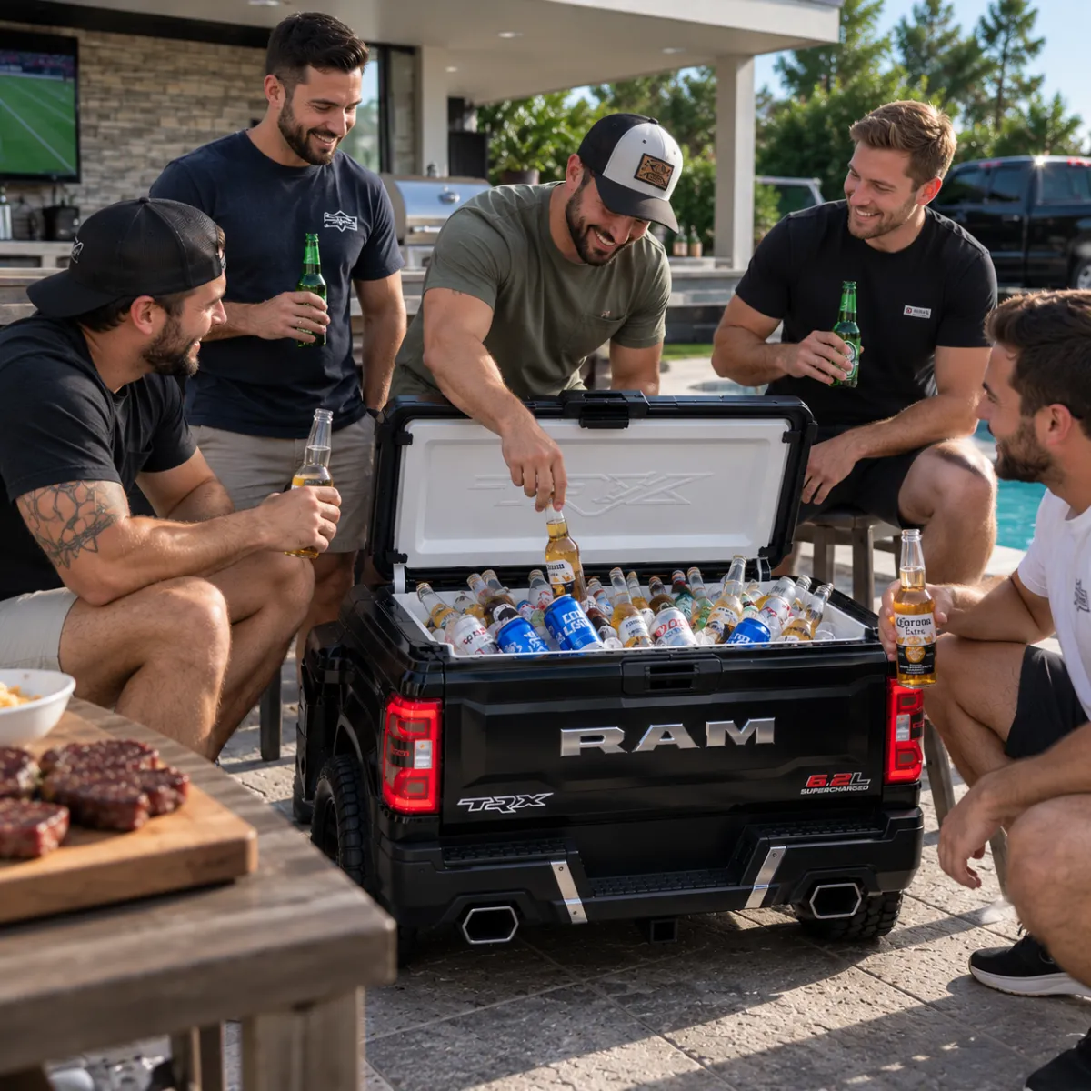Friends gathered around an open IceCar cooler
