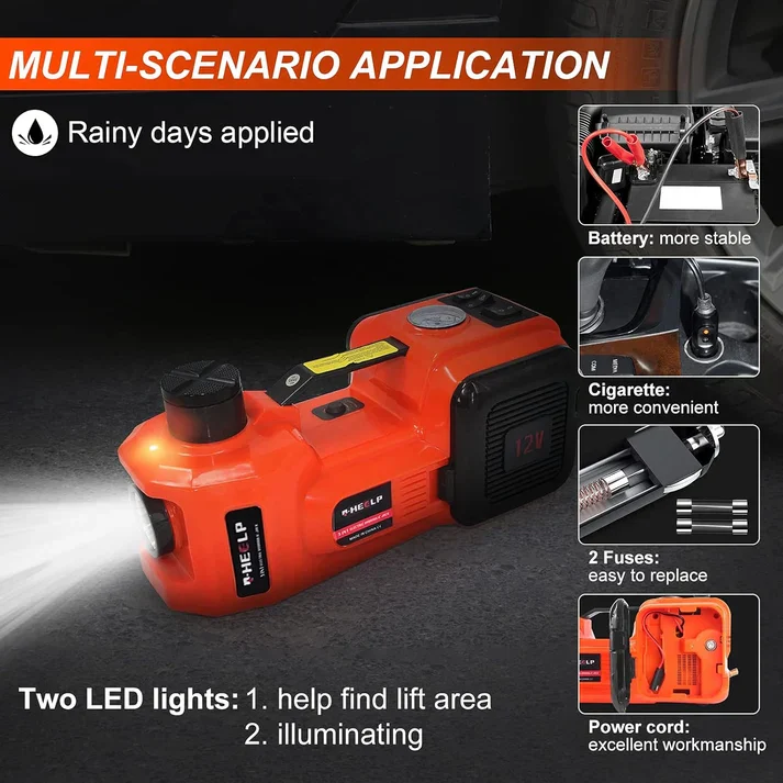Electric hydraulic jack with LED work lights and power options